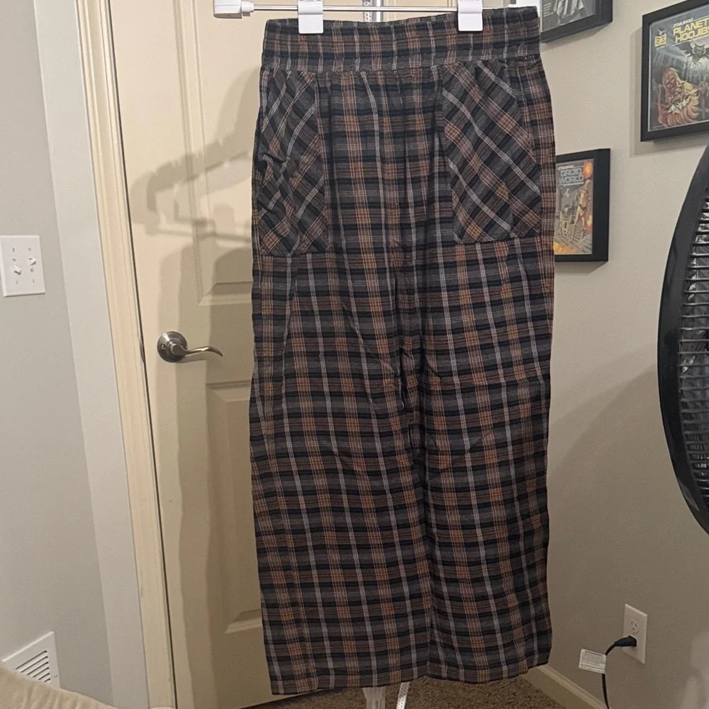 Natural Life Wide Leg Plaid Pants - Black and Brown - Picture 1 of 3